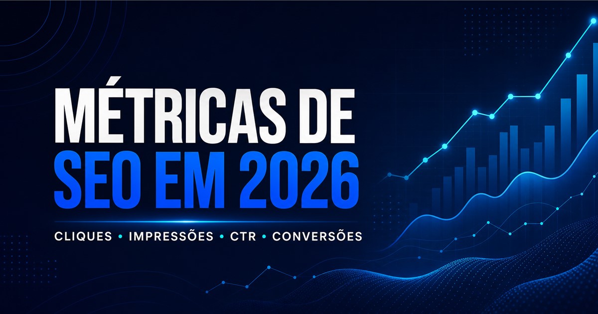 Painel de métricas de SEO com cliques, impressões, CTR e conversões