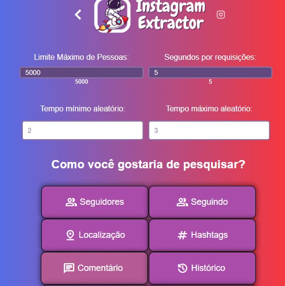 Interface do Instagram Extractor com pesquisa por seguidores, seguindo, localização, hashtags, comentários e histórico