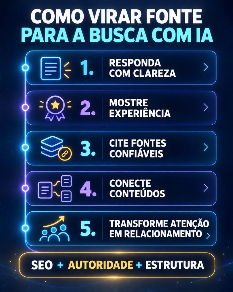 Infográfico com cinco passos para virar fonte na busca com IA: responder com clareza, mostrar experiência, citar fontes, conectar conteúdos e transformar atenção em relacionamento.